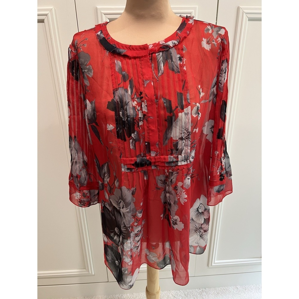 Elie Tahari Red Floral Silk Blouse Sheer Fairy‎ Cottagecore Designer READ